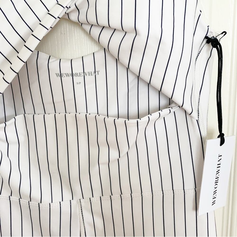 WeWoreWhat White Black Pinstripe Twist Cutout Shorts Bodysuit NWT Small - Picture 8 of 11